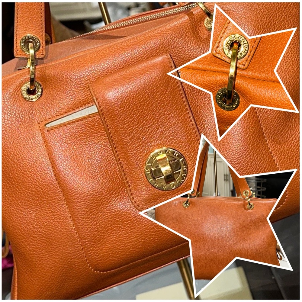 Authentic BVLGARI Turn Lock Leather Boston Bag in Cognac w/Gold-Tone Hardware